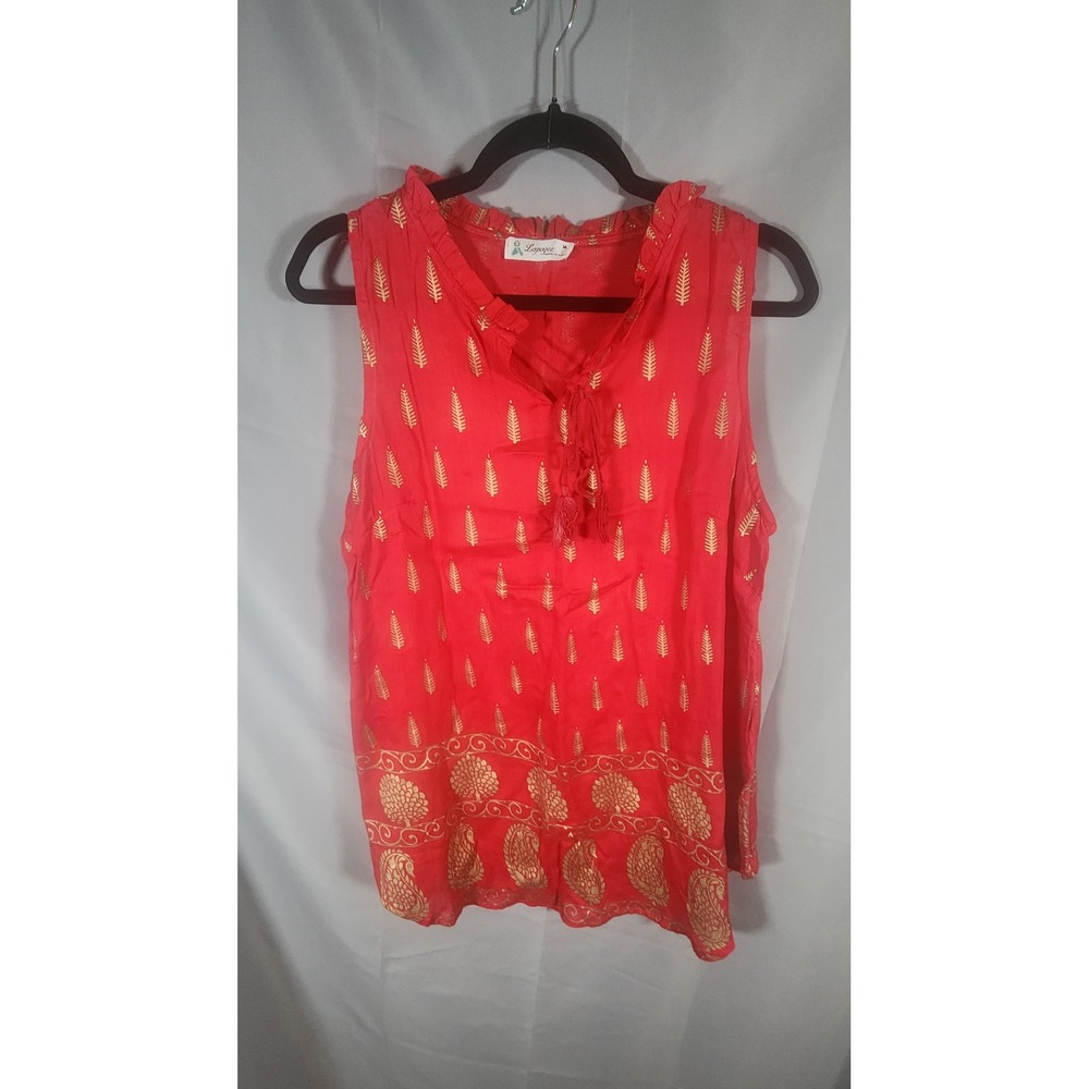 Lapogee Womens Red Gold Metallic Block Print Sleeveless Tassel Blouse Medium EUC